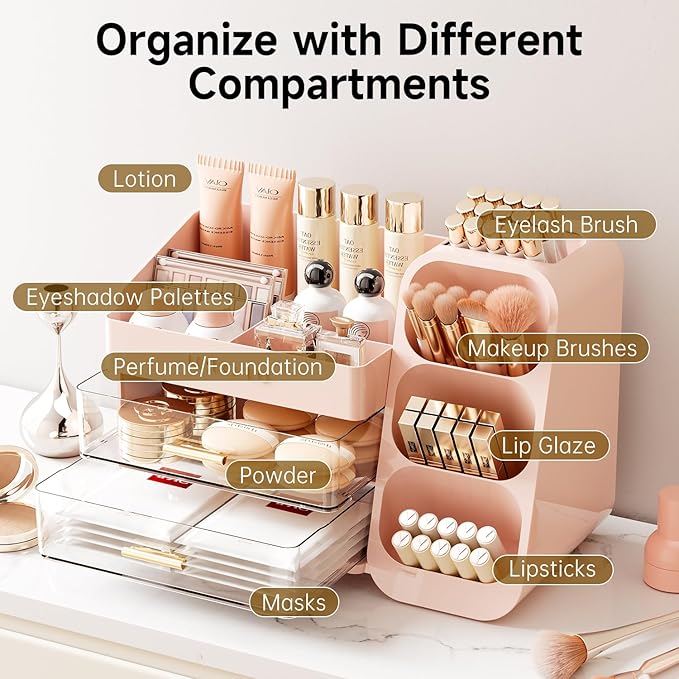 Makeup Organizer for Vanity, Countertop Organizer With Drawers, Spacious Cosmetic Display Case for Beauty Essential, Skincare, Lipstick, Pink