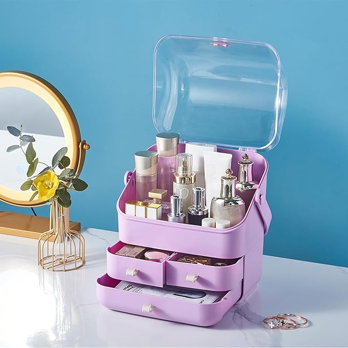 SUNFICON Preppy Skincare Organizers Makeup Organizer Holder Beauty Cosmetic Storage Box Large Display Case Dust Free Cover Portable Handle 2 Rroomy Drawers Gift Great For Bathroom Countertop Purple