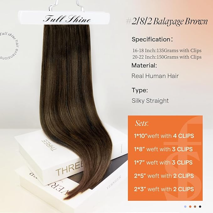 Full Shine Thick Clip in Hair Extensions Human Hair 150 G 20 Inch Dark Brown Ombre Real Hair Extensions Clip in Human Hair Double Weft Color 2/8/2 7 Pcs