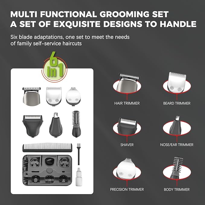 ENSSU Beard Trimmer for Men, 6-in-1 Cordless Body Grooming Kit with Hair Clippers, Beard, Ear & Nose Trimmer, Rechargeable Electric Razor Shaver