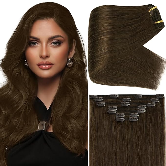 Full Shine Brown Human Hair Clip in Extensions 22 Inch Thick Invisible Golden Brown Real Hair Remy Hair Extensions Clip ins Full Head 7 Pcs 150 G