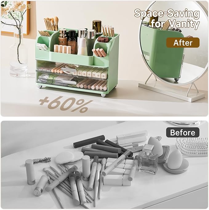 Makeup Organizer for Vanity with 2 Large Drawers, Cosmetic Display Case with Brush Holders, Easy to Storage for Bathroom Countertop Skincare, Desk Office Supplies, Green