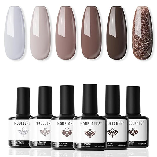 modelones Gel Polish Set - 6 Colors Chocolate Brown Coffee Kit Brown Glitter Nude Colors Gel Nail Kit Soak Off Popular Nail Art Gifts for Women DIY Manicure Home