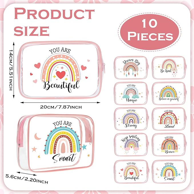 Kacctyen 10 Pcs Rainbow Clear Makeup Bag Women Gifts Inspirational Quotes Waterproof PVC Cosmetic Bags Portable Multifunction Pouch for Graduation Friend Sister Nurse Gift Travel Vacation Organization