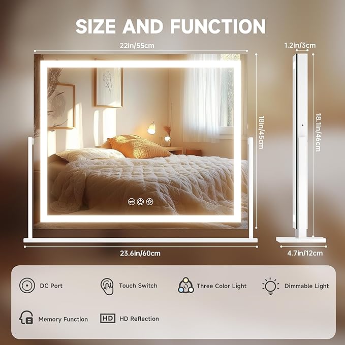 Hasipu Vanity Mirror with Lights, 23.6" x 18.1" LED Makeup Mirror, Light up Mirror with Smart Touch 3 Colors Dimmable, Brightness Adjustment, 360° Rotation (White)