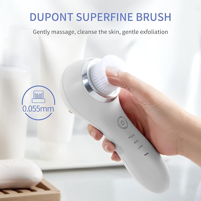 COSBEAUTY Face Scrubber Exfoliator Sonic Facial Cleansing Brush with 5 Interchangeable Brush Head,Face Brush Cleanser for Men IPX7 Waterproof,Wireless Rechargeable for Massaging,Deep Cleansing(White)
