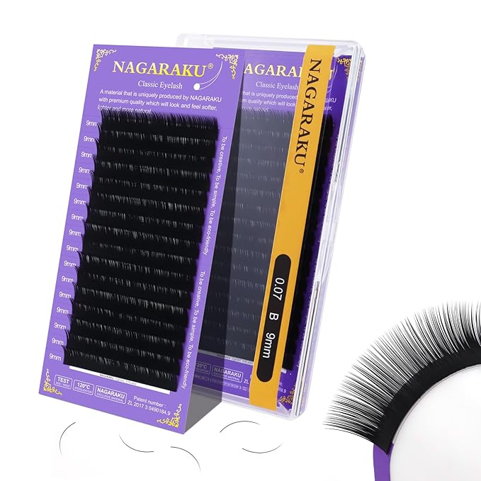 NAGARAKU Eyelash Extensions Individual Lashes Extensions Classic Lash Matte Black 16 Rows Soft Natural Matte Black Professional Beauty Salon Lash Supplies -0.07B 9mm