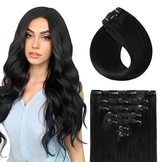 Clip in Hair Extensions Real Human Hair 16Inch 70g 7pcs Seamless Jet Black Clip in Hair Extensions for Women 100% Remy Human Hair Clip ins with Invisible Double Weft Natural Straight Hair Extensions
