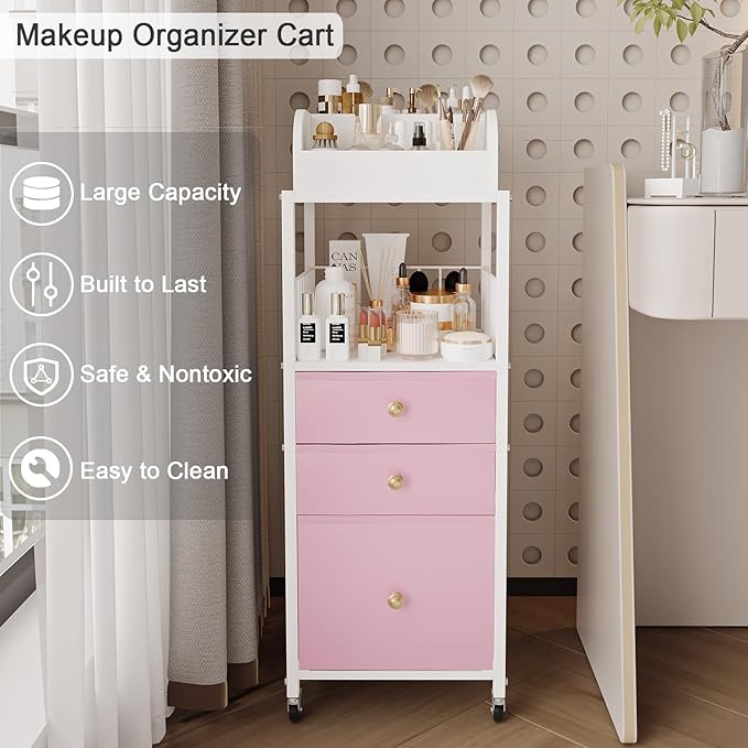 Makeup Organizer Cart with Drawers, Make up Organizers for Vanity, Floor Skincare Organizers- for Cosmetics, Nail Polish, Art Supply, Bathroom Vanity Desktop Organizer (White)