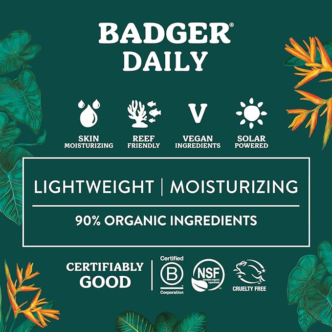 Badger Mineral Daily Sunscreen with Zinc Oxide, SPF 30, Lightweight & Easy to Apply w/No White Cast, Moisturizing Organic Sunscreen, Reef Safe, Vegan, Unscented, 4 fl oz, 2-Pack