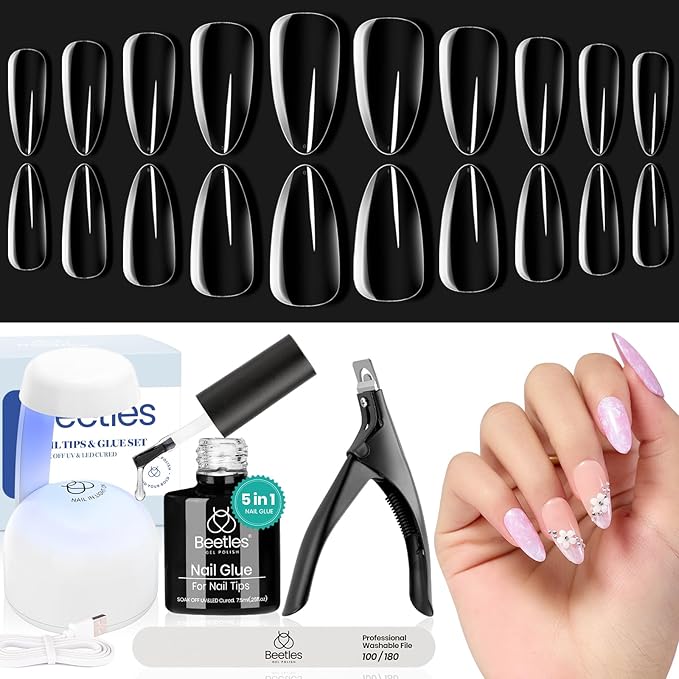 Beetles Gel Nail Kit Almond Nail Tips Easy Nail Extension Set 5 In 1 Nail Glue Gel with Pre shaped Medium Almond Nail Tips & UV Nail Lamp Acrylic Nail Clipper DIY Art Gifts for Her