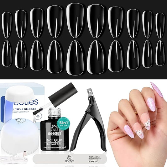 Beetles Gel Nail Kit Almond Nail Tips Easy Nail Extension Set 5 In 1 Nail Glue Gel with Pre shaped Medium Almond Nail Tips & UV Nail Lamp Acrylic Nail Clipper DIY Art Gifts for Her