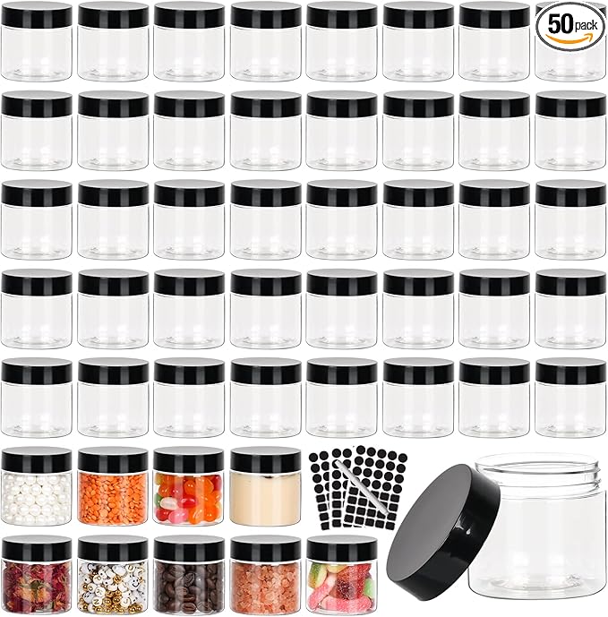 50pcs 2 oz Clear Plastic Round Jars with Black Lids, 2oz 60ml Leak-Proof Wide-Mouth Cosmetic Storage Containers for Kitchen Use, Beauty Products, Cream, Scrubs, Bath Salt and More
