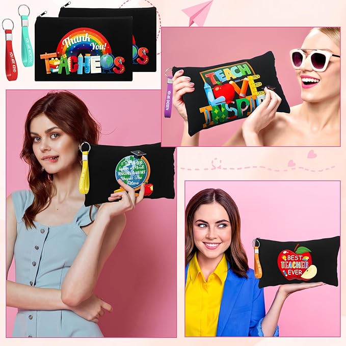 Capoda 56 Pcs Teacher Appreciation Gifts in Bulk 28 Inspirational Flax Cosmetic Bags for Women 28 Motivational Quote Keychains Thank You Gifts for Teacher's Day Graduation Back to School (Black)