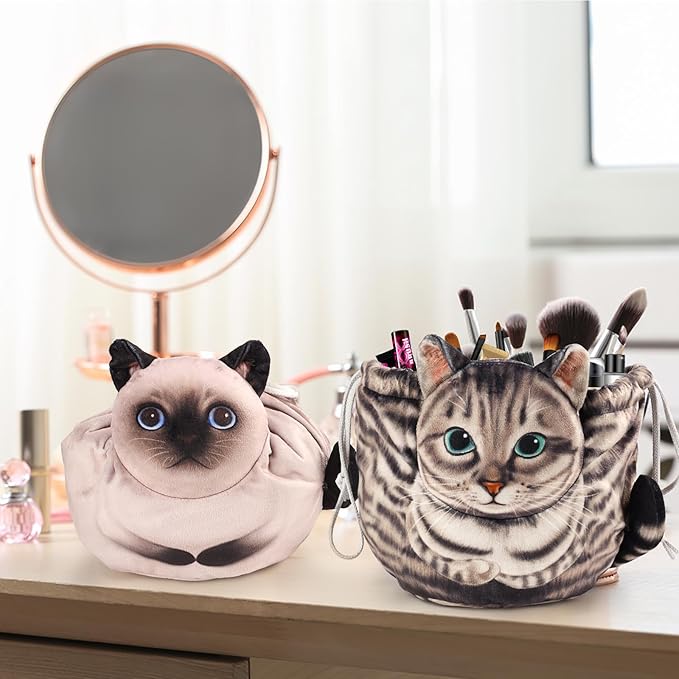 Openhaha Drawstring Makeup Organizer, Travel Cosmetic Pouch Bag, Cat Gift for Women, Lay Flat Makeup Bag Gifts for Cat Lovers (2-Pack)