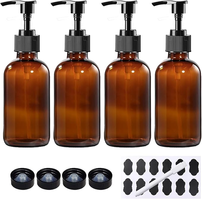 4 Pack 8 oz Amber Glass Pump Bottles, Boston Round Bottles with Pumps for Lotion, Soap, Massage Oils, Refillable Containers with Caps