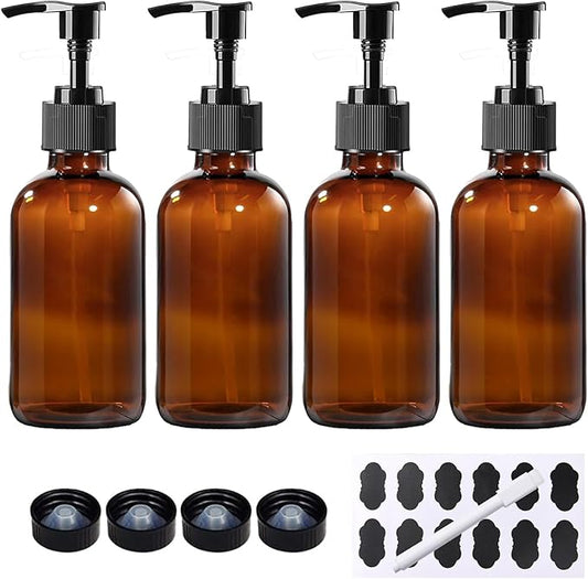 4 Pack 8 oz Amber Glass Pump Bottles, Boston Round Bottles with Pumps for Lotion, Soap, Massage Oils, Refillable Containers with Caps