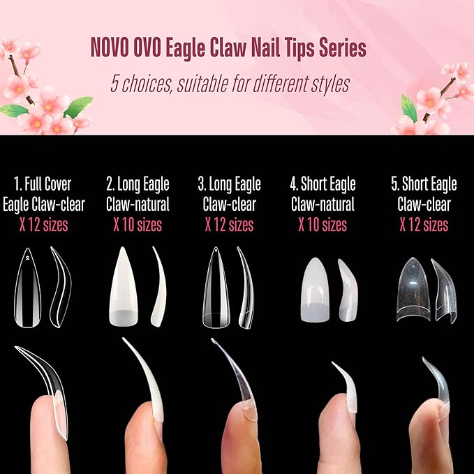 500 pcs Half Cover Hawk Curved Raptor Eagle Claw Extra Super Extreme Deep Curve Stiletto False Nail Extension Tips Natural Color Acrylic Nail 10 Sizes for Halloween Art Salon In Bag