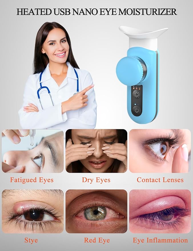 Portable Electric Heated USB Nano Eye Mist Sprayer - Steamer for Dry Eyes & Stye Relief, Warm Compress, Rechargeable Drops Steamer for Home, Office & Travel, Blue