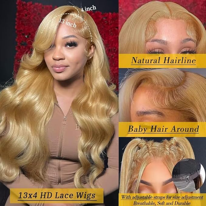 Azkiu Honey Blonde Lace Front Wigs Human Hair 13x4 Body Wave 27# HD Transparent Wig Pre Plucked with Baby 150% Density Brazilian Virgin Frontal Wigs 30 Inch
