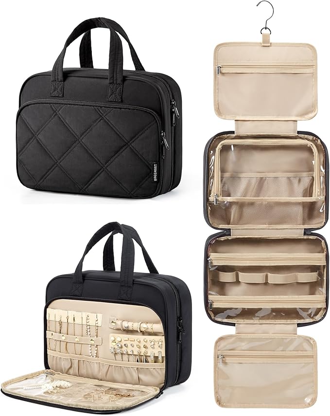 BAGSMART HangingToiletry Bag for Women, Puffy Travel Toiletry Bag with Jewelry Organizer, Waterproof Cosmetic Makeup Bag Compartment, Toiletries Kit Set for Traveling, Accessories, Essentials (Large)