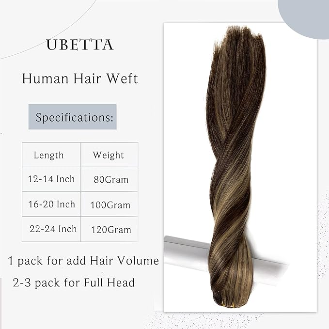 Ubetta Sew-in Human Hair Extensions - Dark Brown Balayage Ash Brown Hand Tied Weft Bundles - 14 Inch 80G