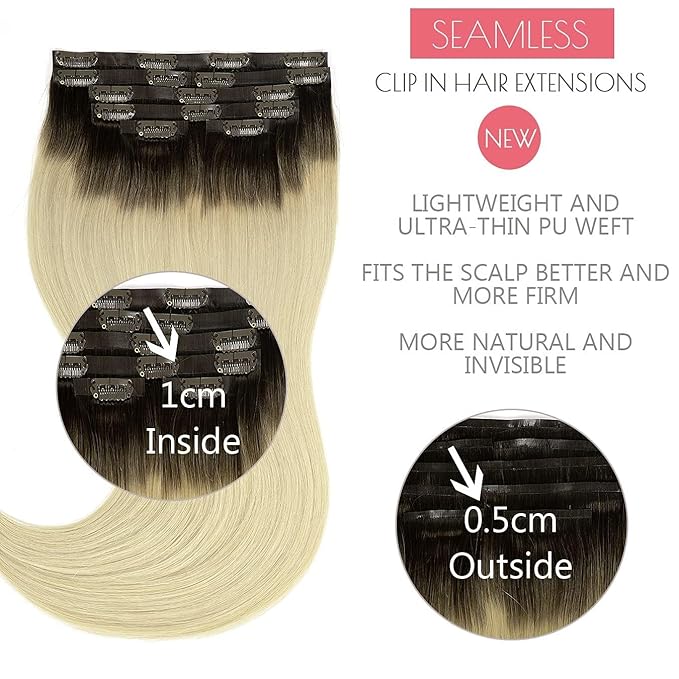 Loxxy Seamless Clip in Hair Extensions Real Human Hair Clip in Extensions Rooted Darkest Brown to Platinum Blonde Ombre 7Pcs 110G 20Inch #R2-60A Invisible PU Skin Weft Natural Remy Human Hair