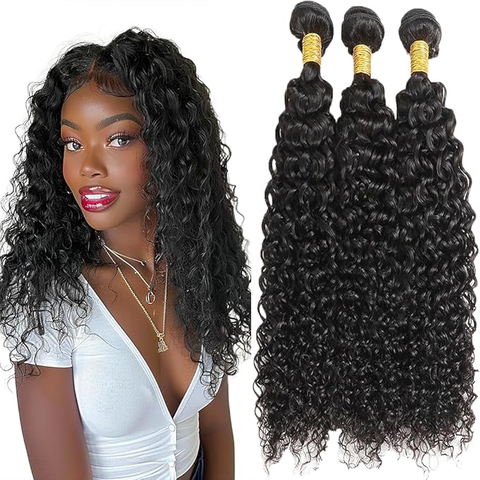 Human Hair Bundles Water Wave Human Hair Natural Color Water Curly Weave Bundles Brazilian Weave Extensions Soft and Silky for Black Women 12 14 16 Inch