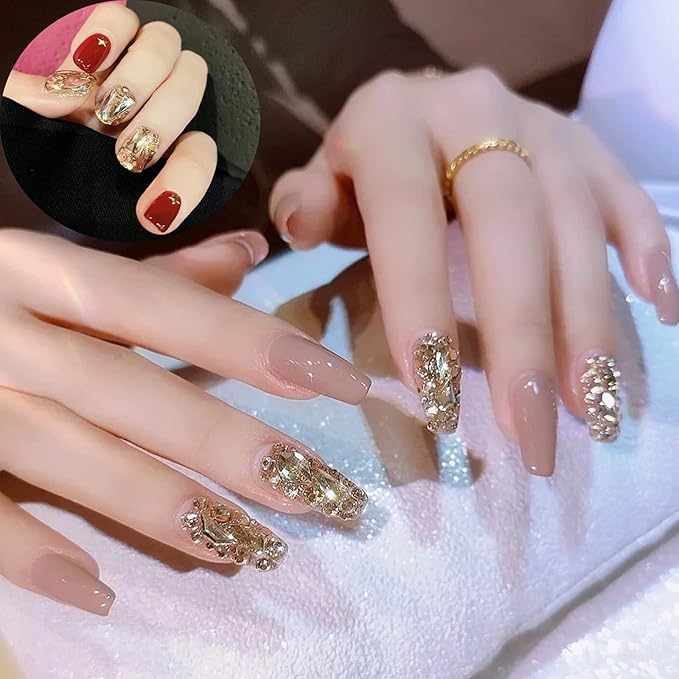 3100Pcs Flat Back Rhinestones for Nails, HOINCO Champagne Rhinestones for Nails, Mix 20 Styles Flatback Rhinestone/Gems, 600 Diamonds + 2500 Round Rhinestones Beads for Crafts with Tweezers Pen