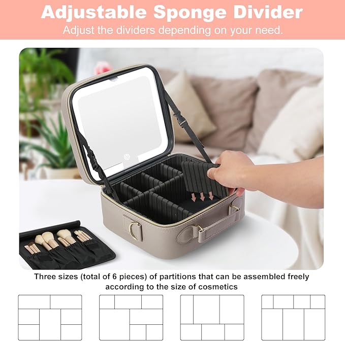 Mocado Travel Makeup Bag with LED Lighted Mirror,Travel Makeup Organizer,Makeup Case with 3 Color Lighted Setting and 10x Magnifying Mirror,Portable Storage and Adjustable Dividers Makeup Box(Grey)