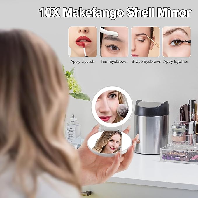 Shell Compact Mirror with Light, 2X / 10x Magnifying Travel Mirror with Light, Small Pocket Mirror, 2-Sided, Folding, Handheld, Dimmable Led Mirror, Unique Gift, White