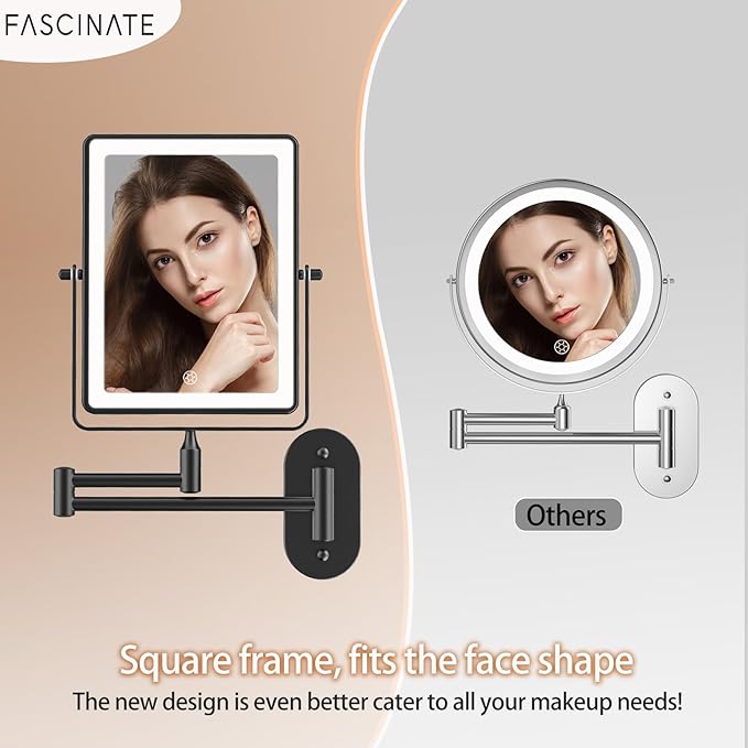 FASCINATE Rechargeable Wall Mounted Makeup Mirror, Bathroom Mirror Rectangle 8.7 Inch Double Sided 1X 10X Magnifying, 3 Color Setting, Extended Arm 360° Swivel Foldable Black