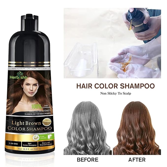 Combo Pack - Herbishh Shampoo for Gray Hair + Argan Intense Hair Mask - Long-lasting Dye Shampoo, Colors in Minutes - 500 Ml - Stimulates Dry, Frizzy Hair (Light Brown)