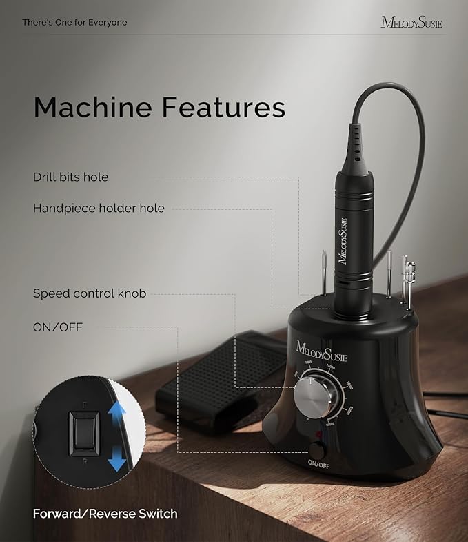 MelodySusie Electric Nail Drill with Foot Pedal, 30000RPM Professional Nail File Bits & Sanding Bands Kit for Acrylic & Gel Nails, Efile Nail Drill Set for Manicure Pedicure Polishing, Scarlet Black