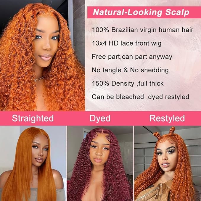 Azkiu Bye Bye KnotsGlueless Ginger Orange Wigs Human Hair Pre Plucked Pre Cut 13x4 HD Lace Closure Wigs Human Hair Deep Wave Lace Front Wigs Human Hair16inch
