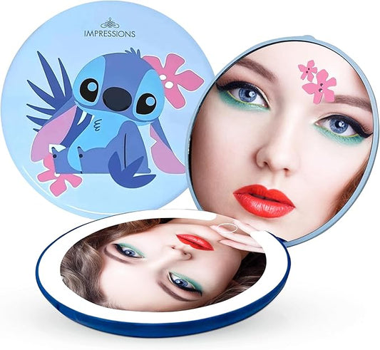 Impressions Vanity Disney Stitch Compact Mirror with Light, Double Sided Cute Travel Makeup Mirror with Magnification, Daylight LED Lighting, Adjustable Brightness, and Touch Control (Blue)