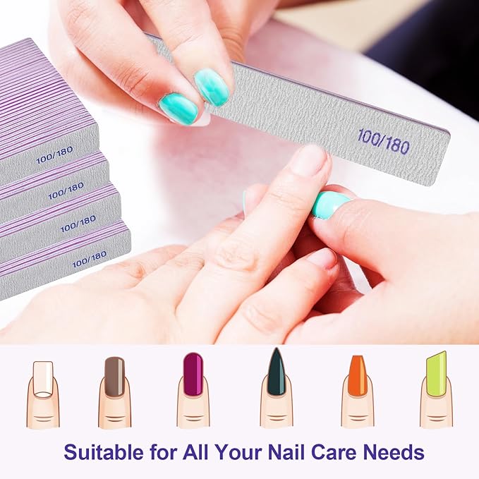 100/180 Grit Nail File (100 Pack), Emery Board Nail Files for Acrylic Nails and Natural Nails, Double Sided Emory Boards Professional Nail Filer Reusable Washable Manicure Square Gray