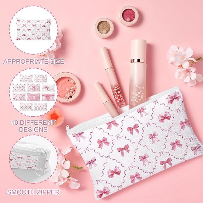 30pcs Pink Bow Makeup Bag Coquette Cosmetic Bags for Women Elegant Bow Preppy Pink Pouch Travel Toiletry Bag Bow Themed Gifts for Women Teens Teen Girls