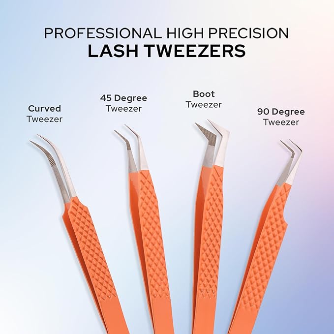 M LASH Tweezers for Eyelash Extensions (Set of 4) - Professional Lash Extension Tweezers - Fiber Tip, Japanese Steel, Diamond Grip Eyelash Extension Tweezer (Luscious Red)