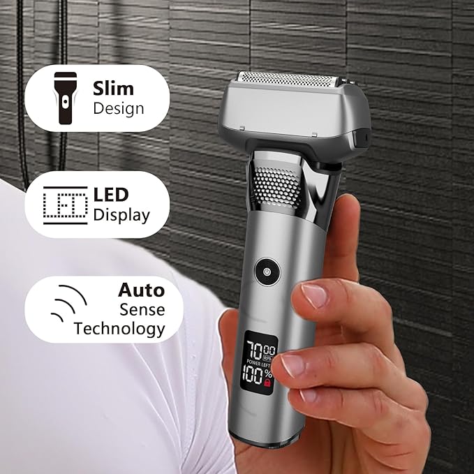Electric Foil Shavers for Men Rechargeable Electric Razor Cordless Dry Wet Shavers Beard with Pop-Up Trimmer Travel Foil Shaver Face as Father Husband Boyfriend Gift 2408 Matte Silver