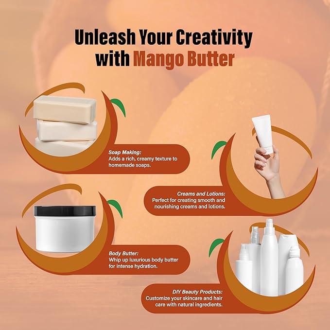 Raw Mango Butter 32 oz. / 2 lbs. Bulk - 100% Pure Natural Unrefined - Great for Skin, Body and Hair Growth. DIY Soap Making, Body Butter, Lotions and Creams.