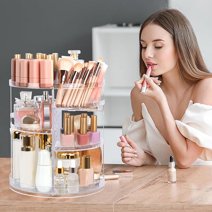 Boxalls Makeup Organizer Rotating Large Capacity, 360 Makeup Carousel with Brush Compartment, Clear Skincare Cosmetic Spinning Organizer with 7 Layers for Countertop Vanity Bathroom Bedroom