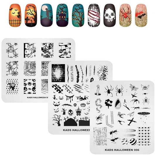 KADS 3Pcs Nail Stamping Plates Set Nails Art Stamp Templates Halloween Horror Themed Skull Bat Witch Spider(Halloween 2)