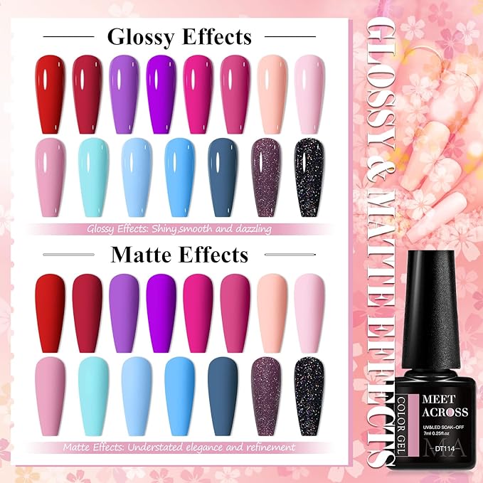 MEET ACROSS Gel Nail Polish Set 18Pcs Nude Gel Polish Set 15 Colors Red Pink Purple Sky Blue Nail Polish Kit Soak Off Nail Set Gifts for Women