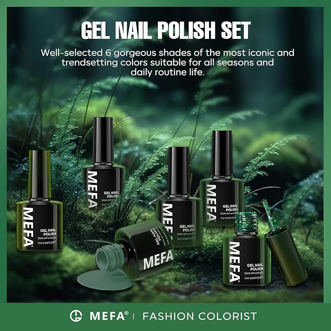 MEFA Green Gel Nail Polish, 6 Colors Green Glitter Nail Polish Gel Dark Avocado Sage Evergreen Sparkle nail Polish Set Soak Off Nail Art DIY Salon Manicure Nail Art Gifts for Women