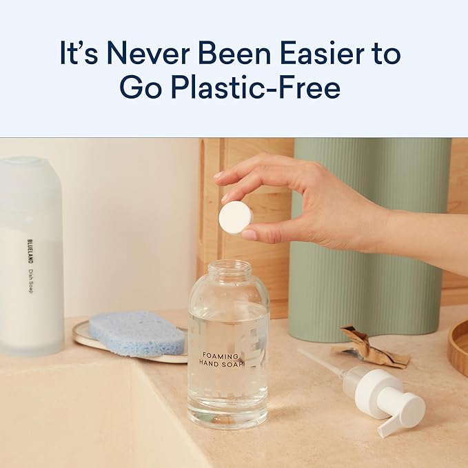 BLUELAND Hand Soap Starter Set, 1 Refillable Glass Foaming Hand Soap Dispenser with 4 Refill Tablets, Variety Scents, 4 x 9 Fl oz