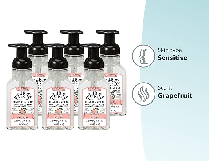J.R. Watkins Foaming Hand Soap Pump with Dispenser, Moisturizing All Natural Hand Soap Foam, Alcohol-Free, Cruelty-Free, USA Made, Use as Kitchen or Bathroom Soap, Grapefruit, 9 fl oz, 6 Pack