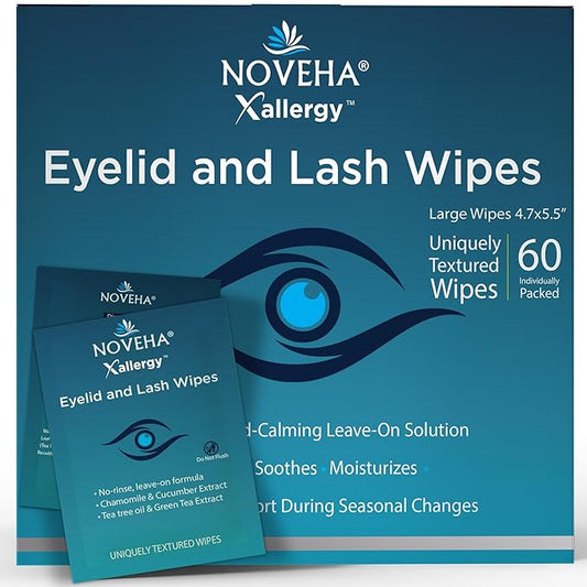 NOVEHA 60Pcs Allergy Relief Eyelid Wipes | Pre-moistened Hypoallergenic Eye Cleansing Pads, Reduce Itchiness, Redness & Discomfort Caused By Allergy, Clean, Soothe & Remove Debris (1 Pack)