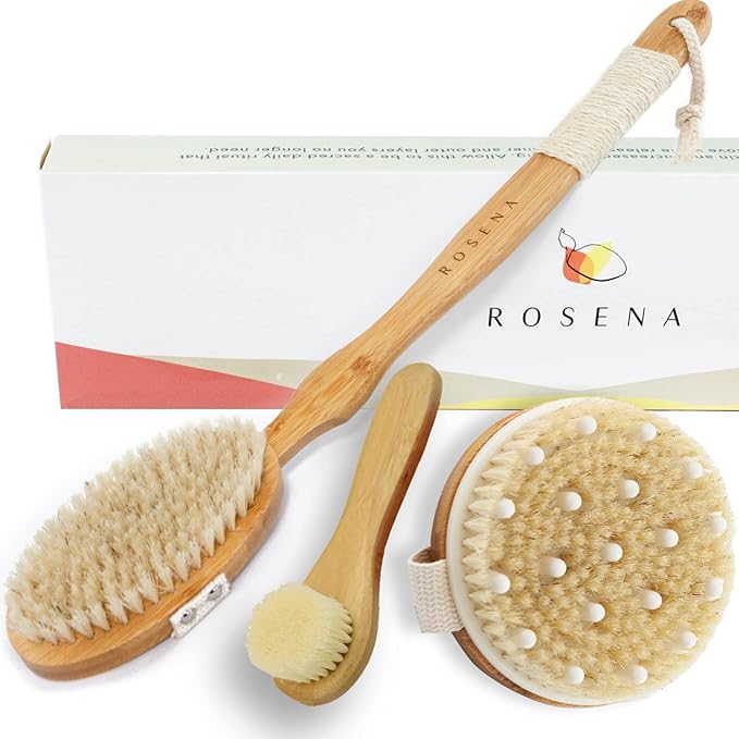 Dry Brushing Body Brush Set - Get Rid of Dry Skin and Achieve Healthy, Beautiful Skin Naturally - Massaging Body Brush & Long Handle Back Brush+Face Brush-Bundle