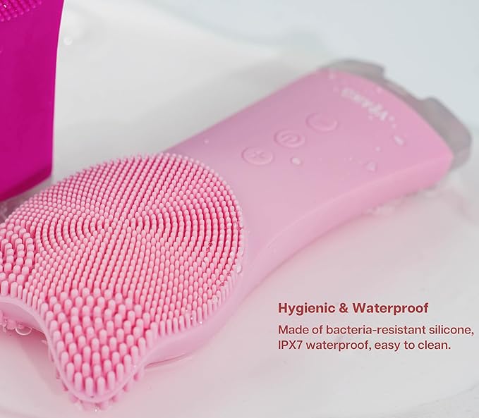 MIA Facial Cleansing Brush, Waterproof Rechargeable Face Cleansing Brush, with Soft Silicone and Adjustable Sonic Vibration, for Deep Cleansing Gentle Exfoliating and Massaging (Pink)